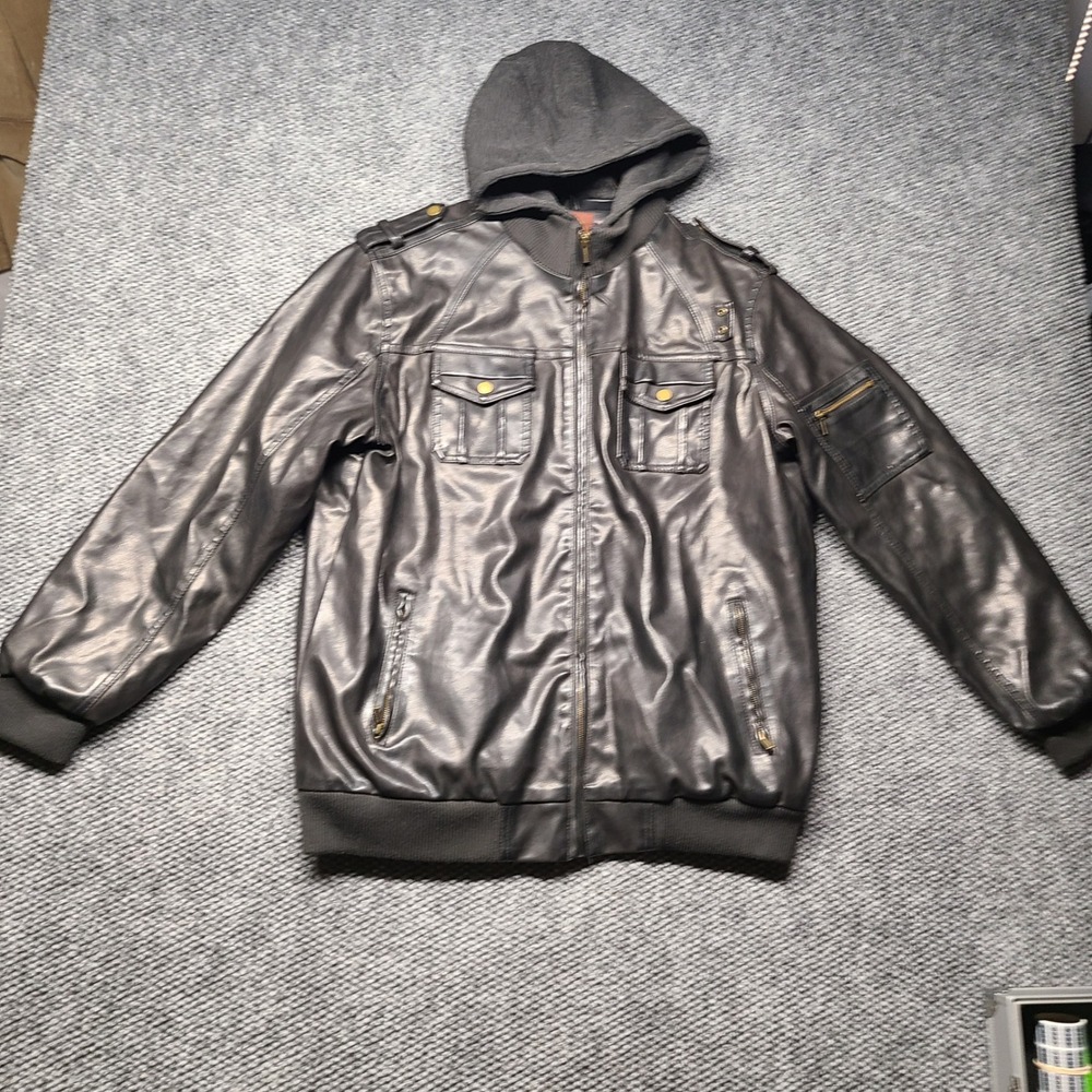 Ministry of Fashion Mens XL Faux Leather Bomber Jacket Sherpa Lined Hooded Gray
